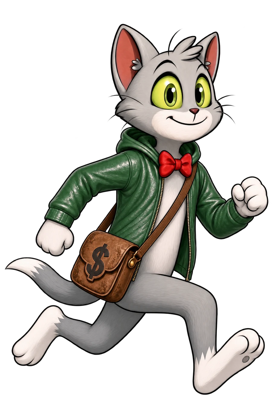 TOMCAT leaping forward in his green hoodie, red bowtie and brown satchel