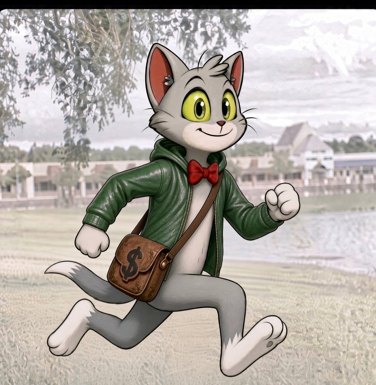 TOMCAT's green-eyed smile, green hoodie and red bowtie