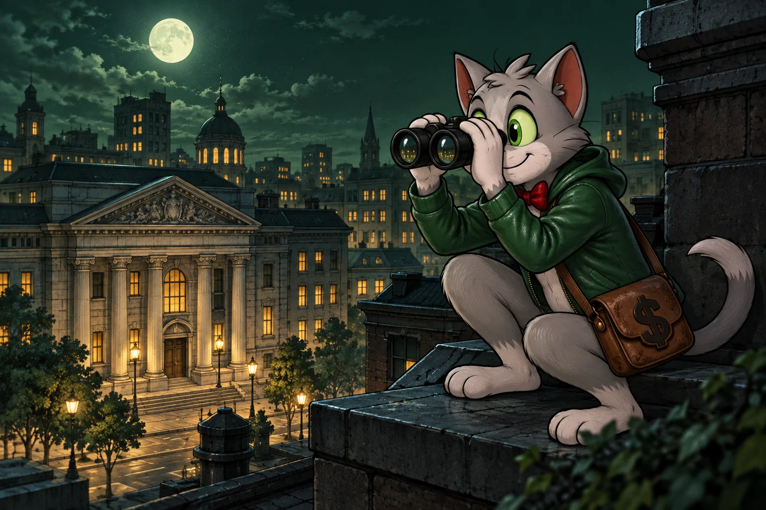 TOMCAT on a moonlit rooftop, keeping an eye on the bank through binoculars